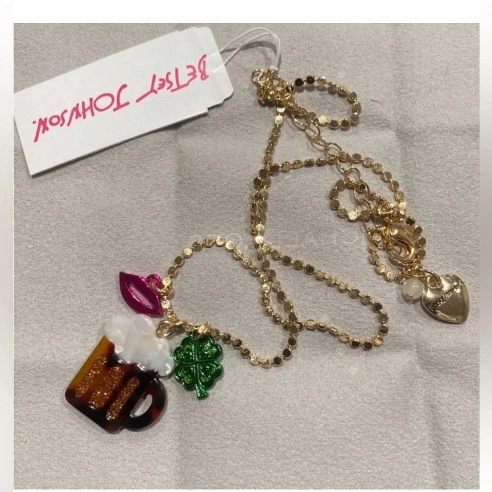 BETSEY JOHNSON St. Patrick’s Day Charm Necklace Beer Shamrock & Lipstick NEW NWT